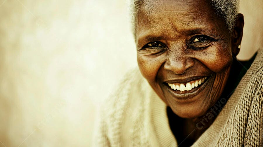 Mulher idosa negra de cabelos grisalhos sorrindo feliz com suéter bege
