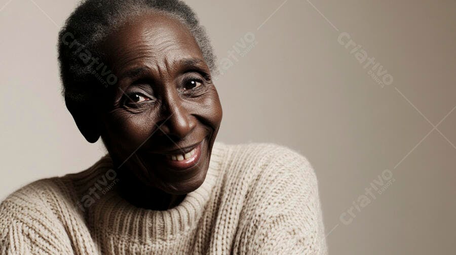 Mulher idosa negra sorrindo calorosamente com suéter bege em fundo claro