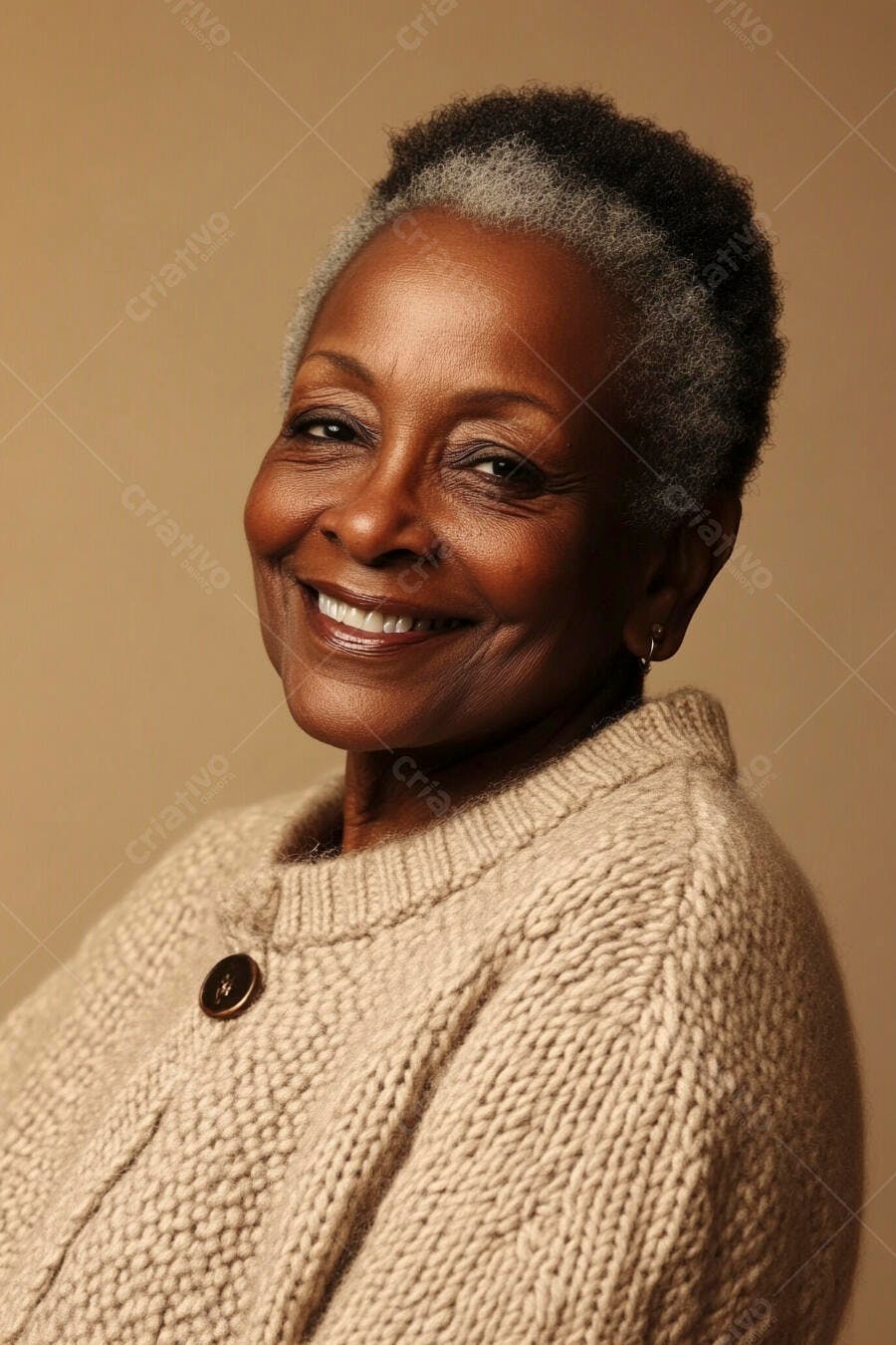 Mulher idosa negra sorrindo de suéter bege em retrato de estúdio