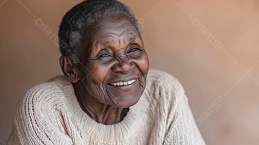 Mulher idosa negra sorrindo alegremente em suéter bege retrato feliz