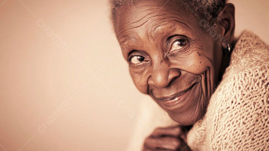 Mulher idosa negra sorrindo de suéter bege aconchegante