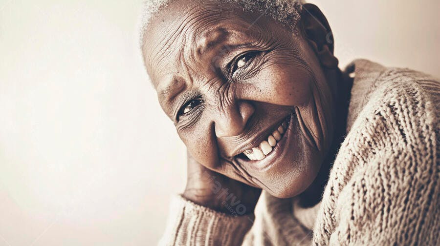 Mulher idosa negra sorrindo feliz usando suéter de tricô bege em close-up