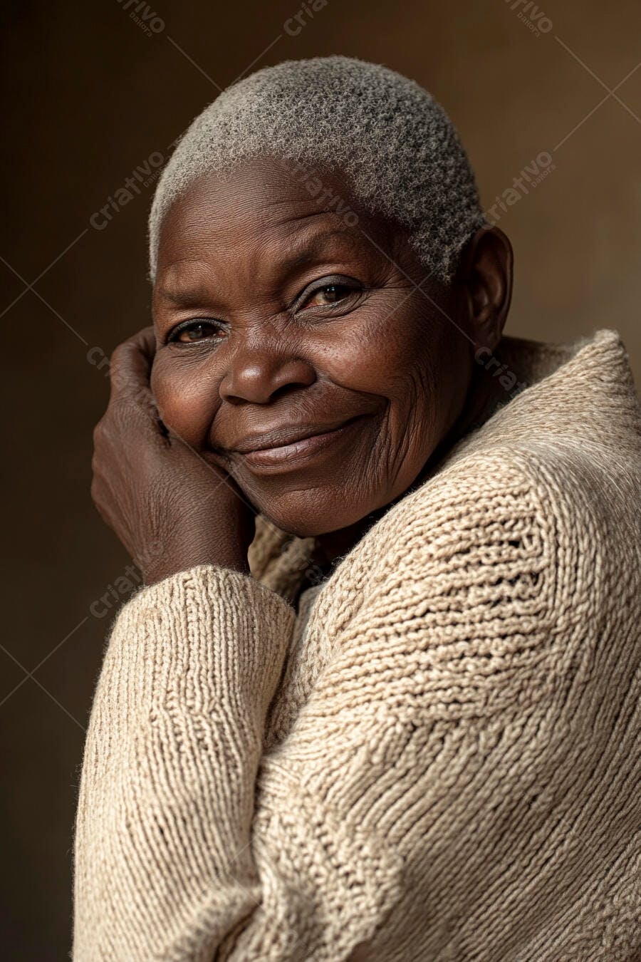 Mulher negra idosa sorrindo com suéter de tricô bege