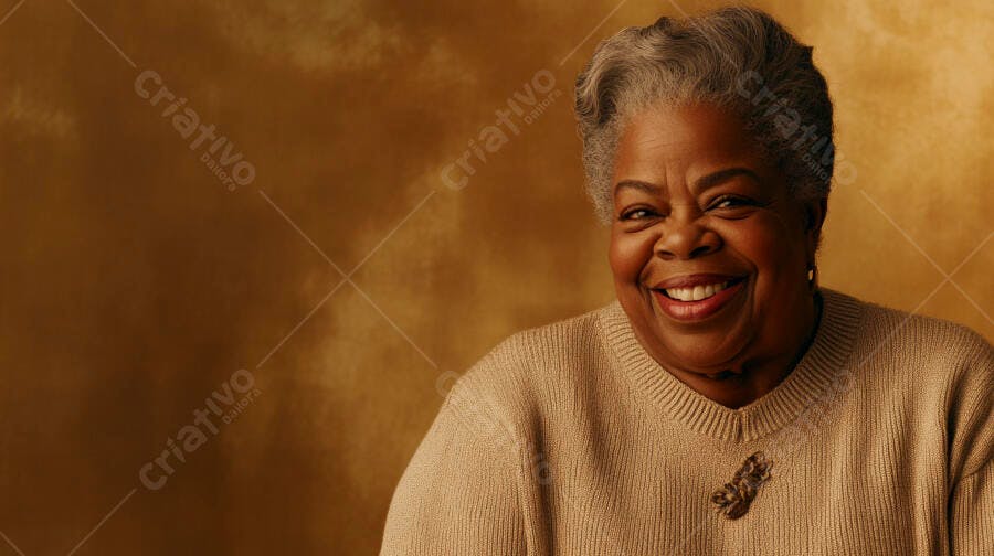 Mulher idosa negra sorrindo feliz com cabelos grisalhos e suéter bege em fundo dourado