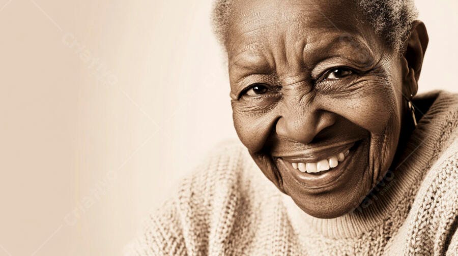 Mulher idosa negra sorrindo feliz em suéter bege