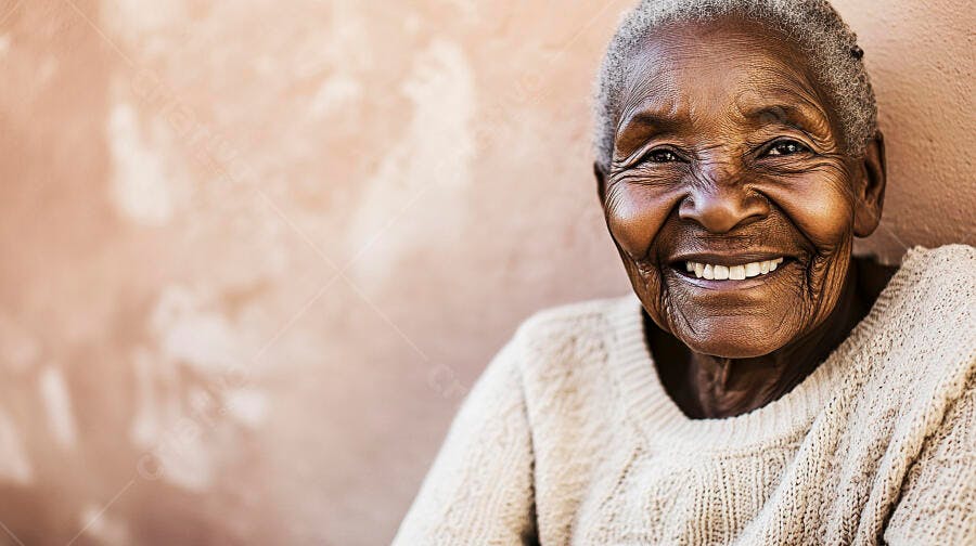 Mulher idosa negra sorrindo feliz com cabelos grisalhos