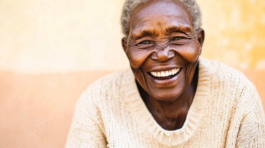 Mulher idosa negra sorrindo feliz com cabelo grisalho e suéter bege