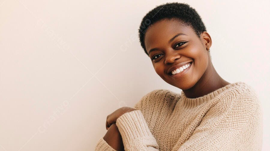 Mulher negra feliz sorrindo em suéter bege com fundo claro