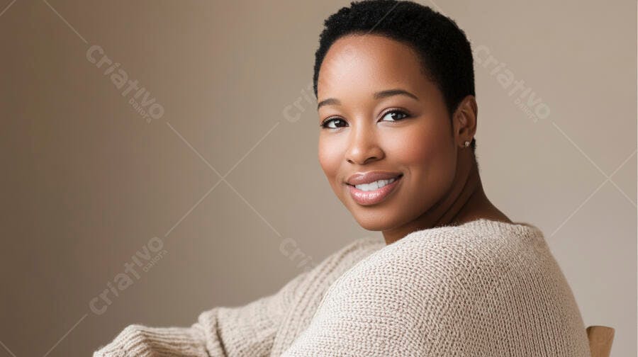 Mulher negra de cabelo curto sorrindo em suéter bege com fundo neutro