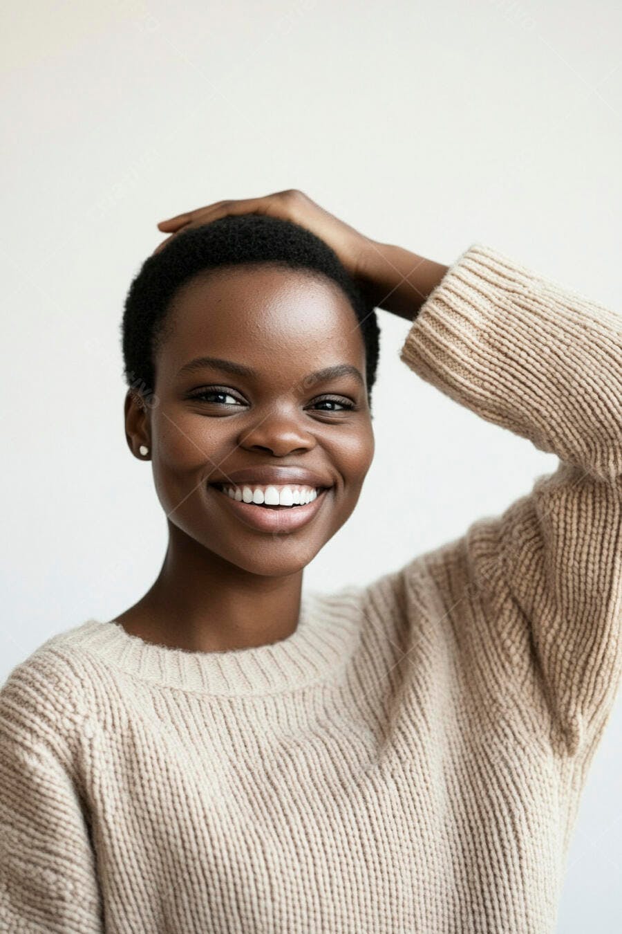 Mulher negra jovem sorrindo feliz com suéter bege claro e cabelo curto