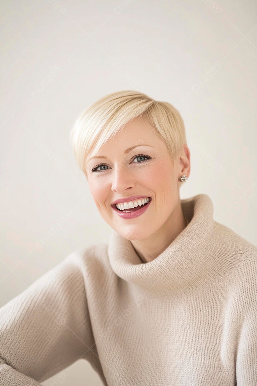 Mulher loira de cabelo curto sorrindo em suéter creme claro retrato positivo