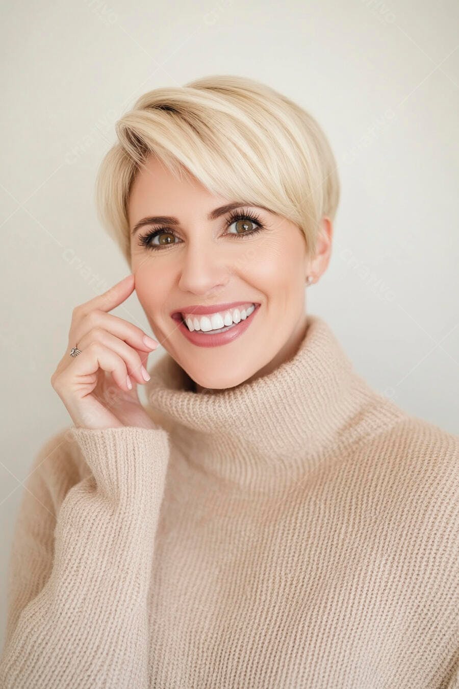 Mulher sorridente com cabelo loiro curto e suéter bege