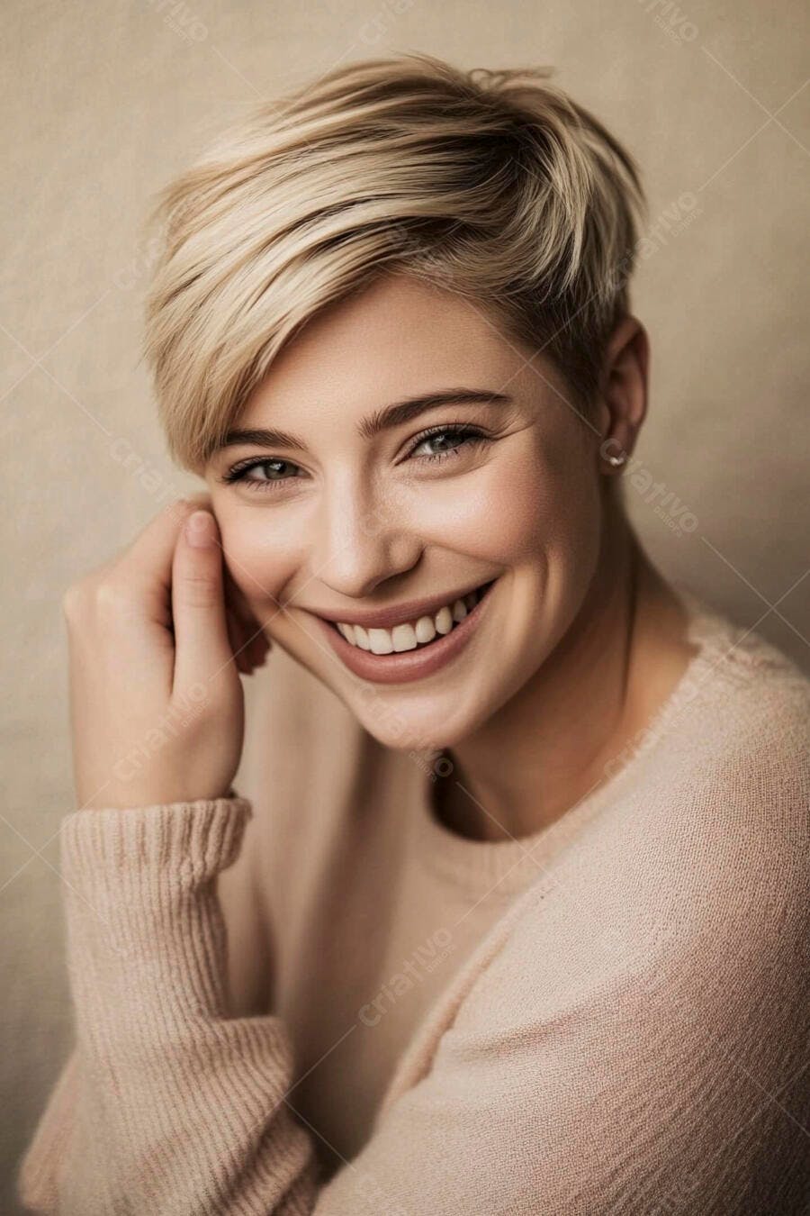 Mulher loira sorrindo com cabelo curto e suéter rosa em estúdio