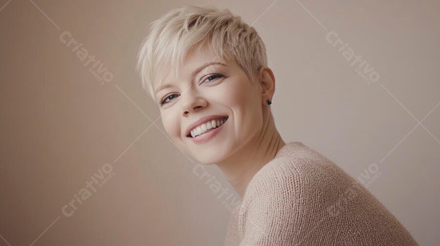 Mulher loira de cabelo curto sorrindo feliz com suéter bege