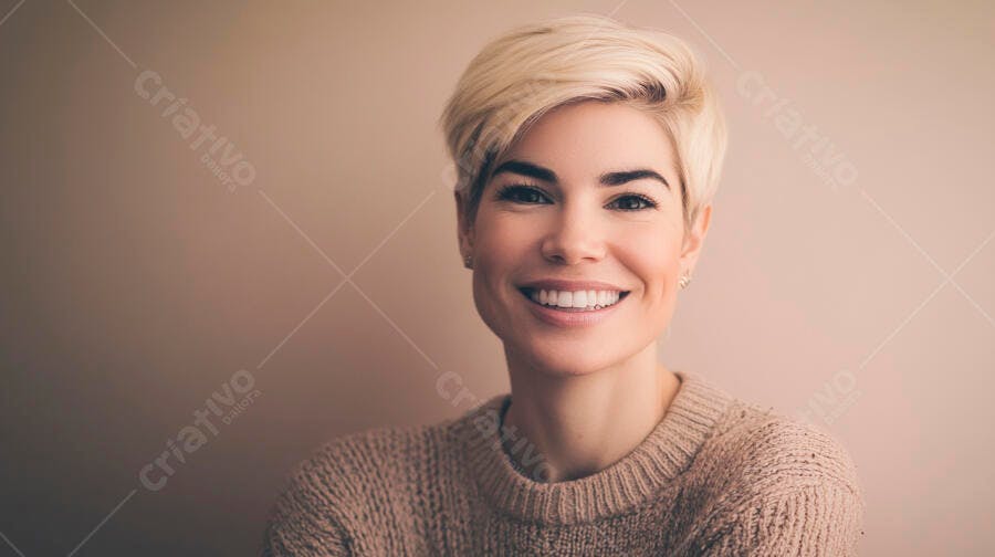Mulher branca feliz com cabelo loiro curto sorrindo em retrato de estúdio