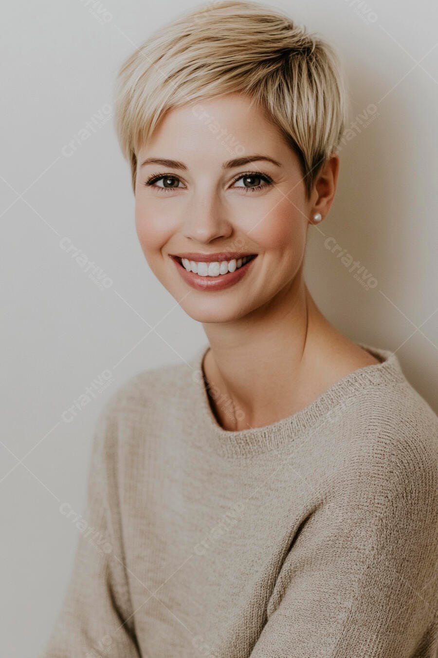 Mulher caucasiana loira sorrindo com suéter bege profissional