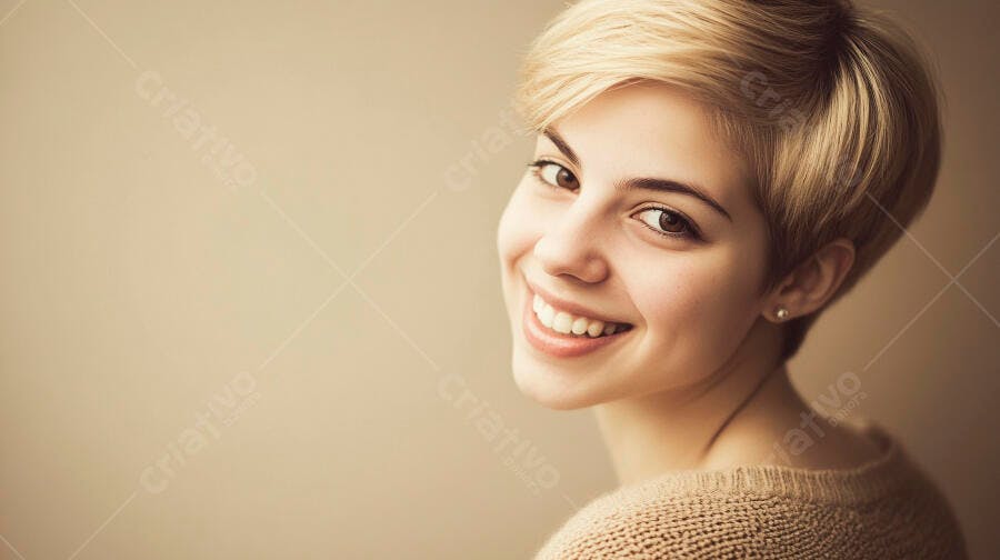 Mulher jovem loira sorrindo com cabelo curto em suéter bege claro