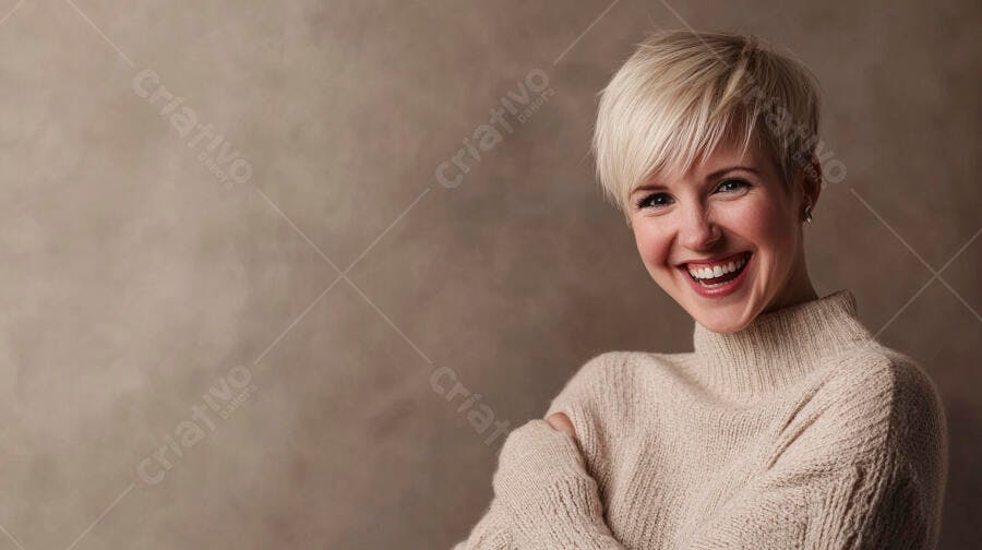 Mulher loira feliz com suéter bege sorrindo em estúdio neutro