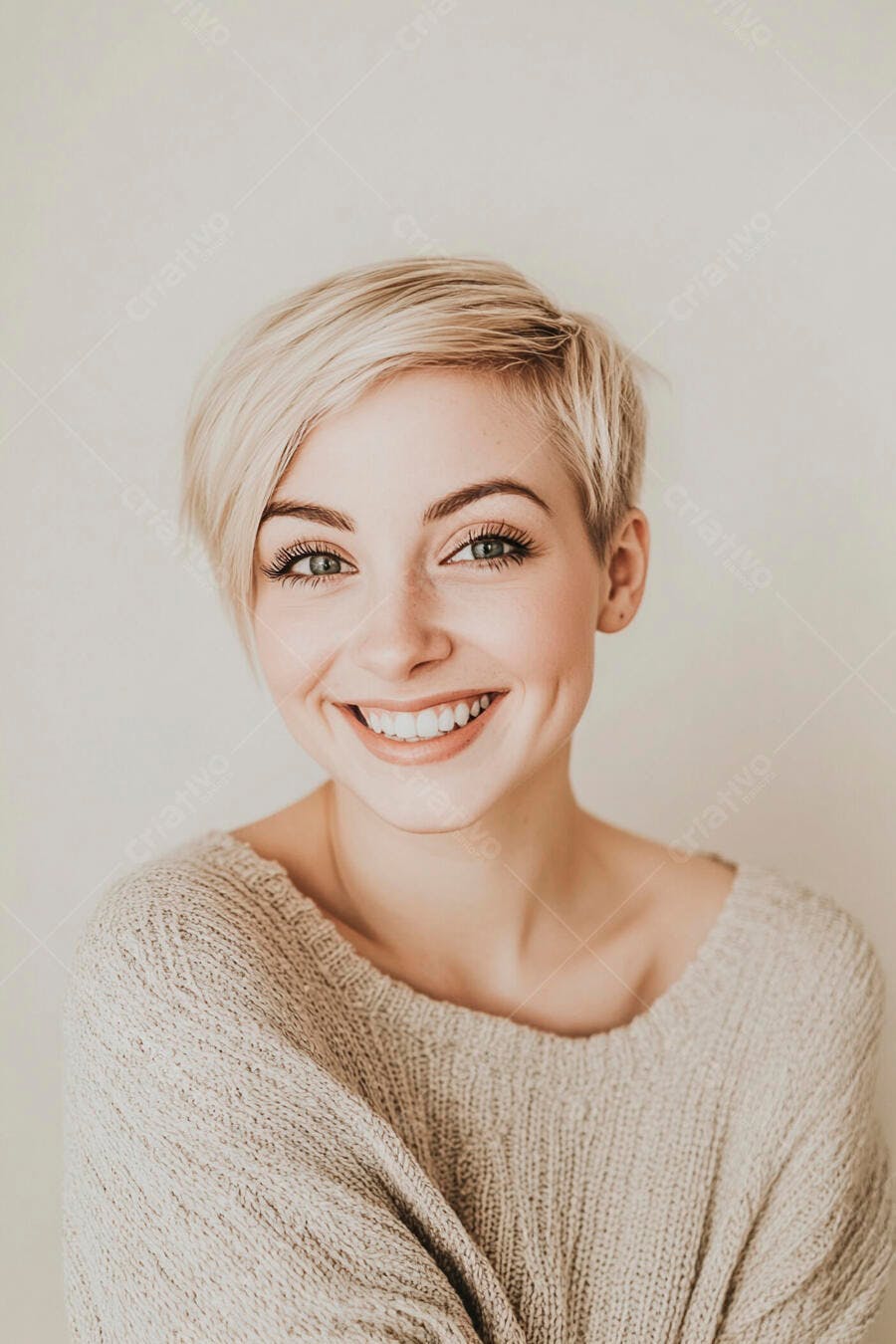 Mulher jovem loira de cabelo curto e olhos verdes sorrindo com suéter bege em retrato