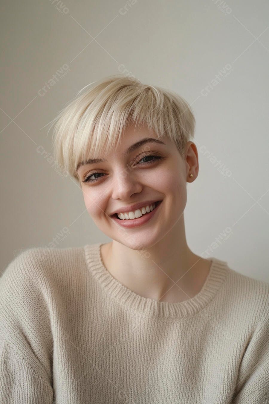 Mulher jovem loira de cabelo curto sorrindo em suéter bege