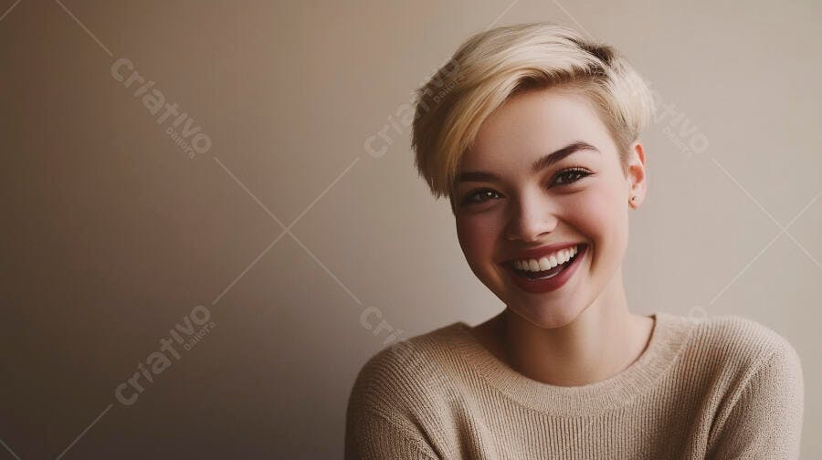 Mulher jovem loira sorrindo feliz com cabelo curto em suéter bege