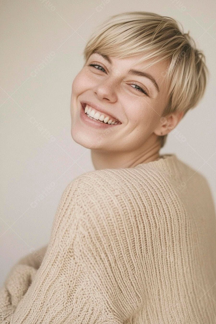 Mulher caucasiana loira com cabelo curto sorrindo feliz usando suéter bege de tricô