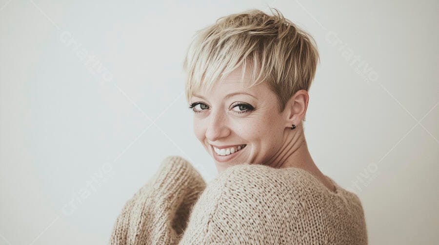 Mulher loira de cabelo curto sorrindo em suéter bege olhando para trás