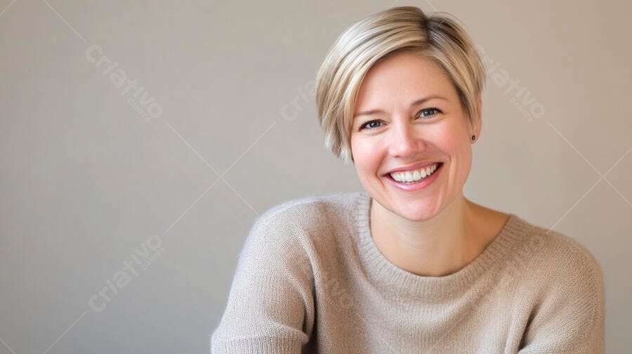Mulher sorridente de cabelo curto loiro com suéter bege