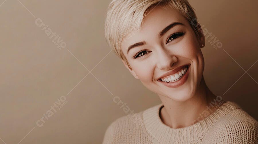 Mulher jovem loira sorrindo alegremente em close-up com suéter bege