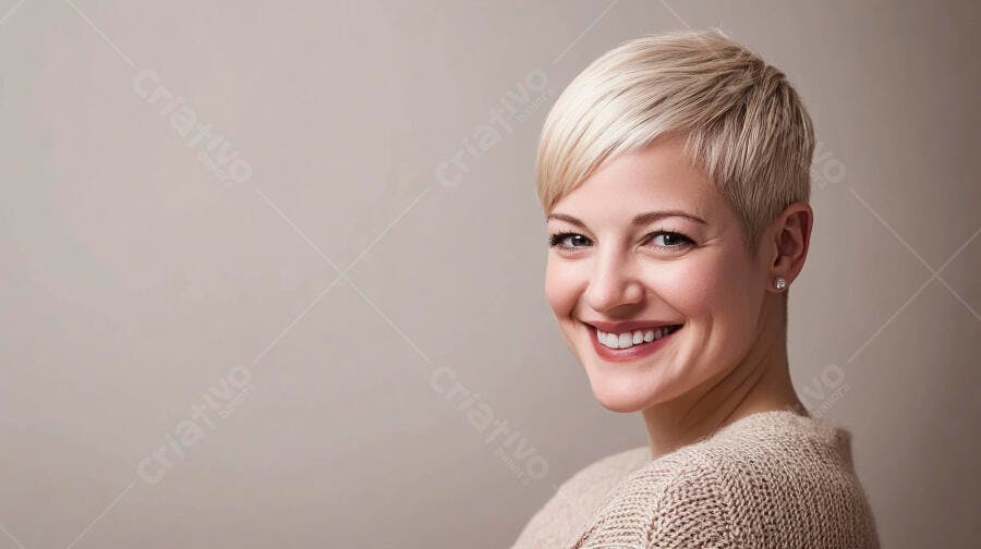 Mulher branca jovem de cabelo loiro curto sorrindo feliz em suéter bege fundo neutro