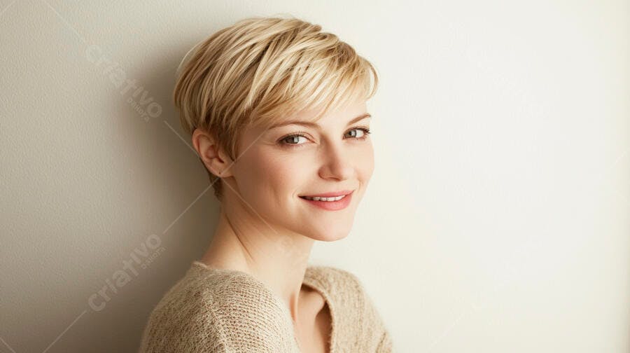 Mulher loira jovem sorrindo com cabelo curto em retrato profissional