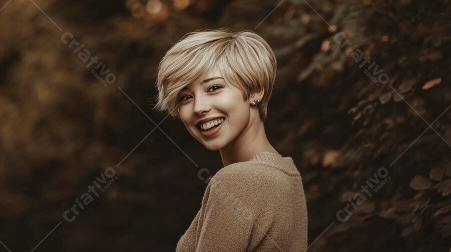 Mulher jovem loira sorrindo feliz em suéter bege ao ar livre