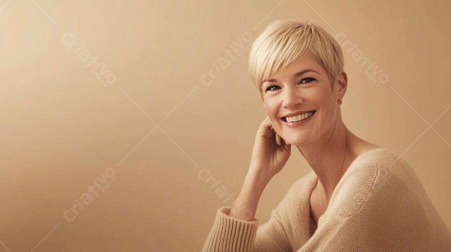 Mulher loira de cabelo curto sorrindo com suéter creme em fundo bege claro