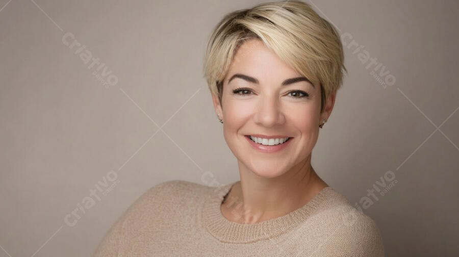Mulher loira de cabelo curto sorrindo em suéter bege retrato profissional