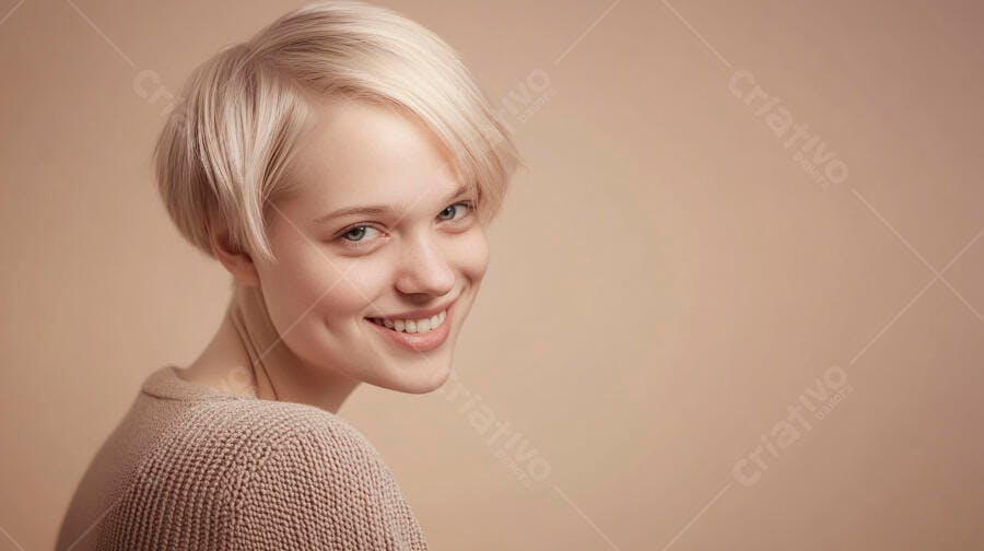 Mulher loira de cabelo curto sorrindo com covinhas em fundo liso bege