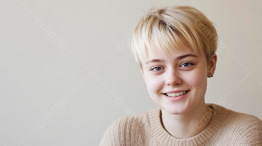 Mulher jovem caucasiana cabelo loiro curto sorrindo feliz em suéter bege fundo claro