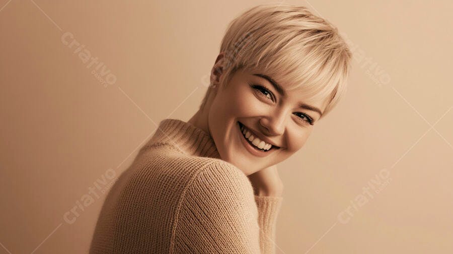 Mulher loira sorrindo com cabelo curto suéter bege em estúdio