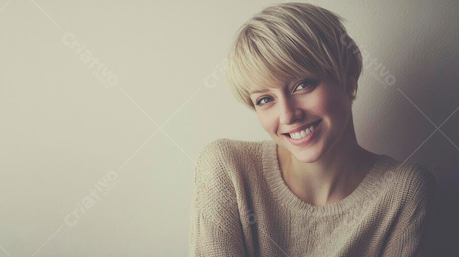 Mulher loira sorrindo com cabelo curto e suéter bege