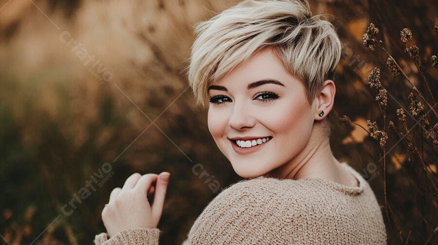 Mulher jovem loira sorrindo feliz em campo outonal
