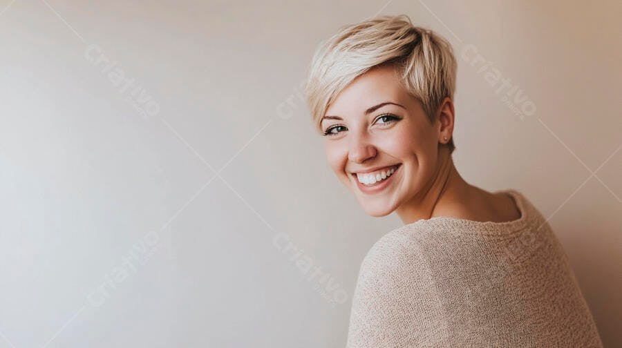 Mulher jovem loira cabelo curto sorrindo feliz em suéter bege