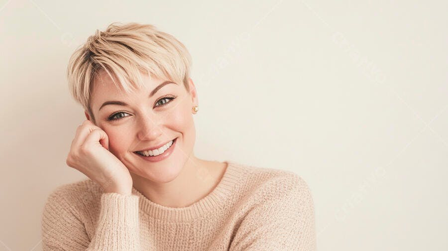 Mulher loira de cabelo curto sorrindo com suéter bege