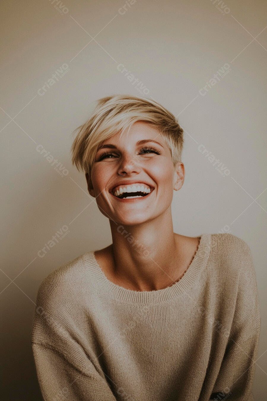 Mulher loira de cabelo curto sorrindo alegremente com suéter bege