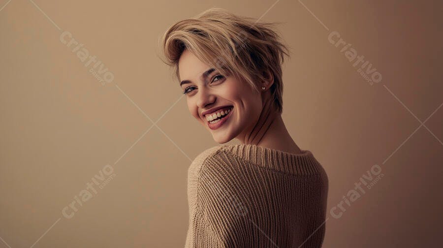 Mulher caucasiana loira sorrindo com suéter bege em fundo neutro