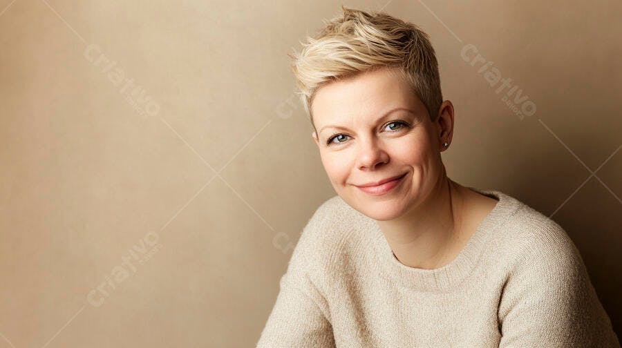 Mulher loira de cabelo curto sorrindo em suéter bege claro