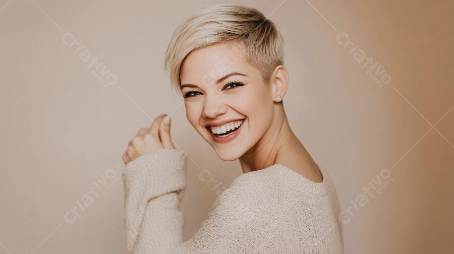 Mulher loira de cabelo curto sorrindo feliz com suéter bege em fundo neutro