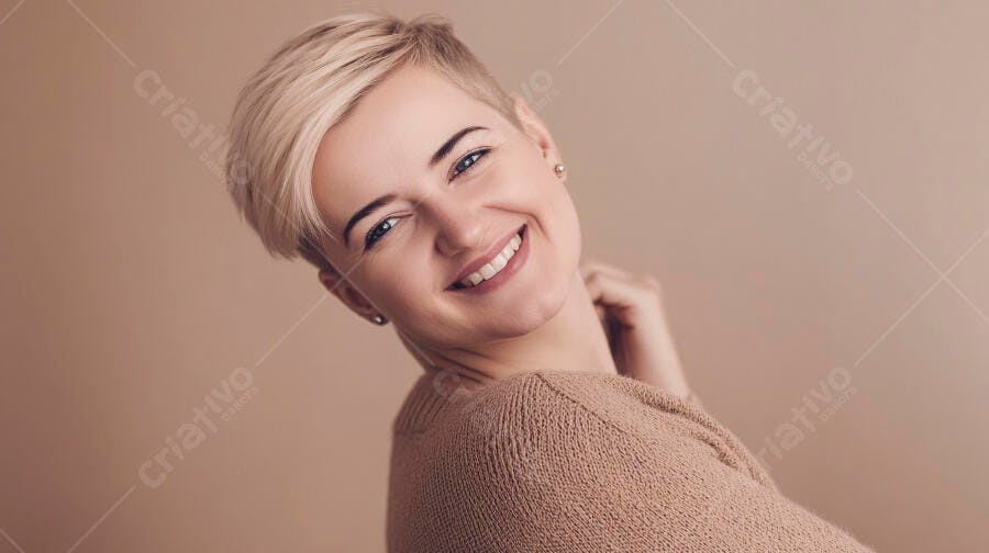 Mulher loira sorrindo feliz com cabelo curto em suéter bege