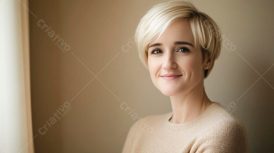 Mulher loira cabelo curto sorrindo com suéter bege em ambiente interno