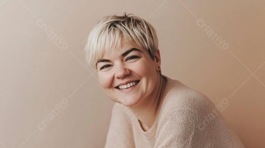 Mulher caucasiana de cabelo loiro curto sorrindo feliz com sweater bege