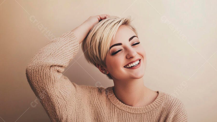 Mulher sorridente de cabelo curto loiro e suéter bege