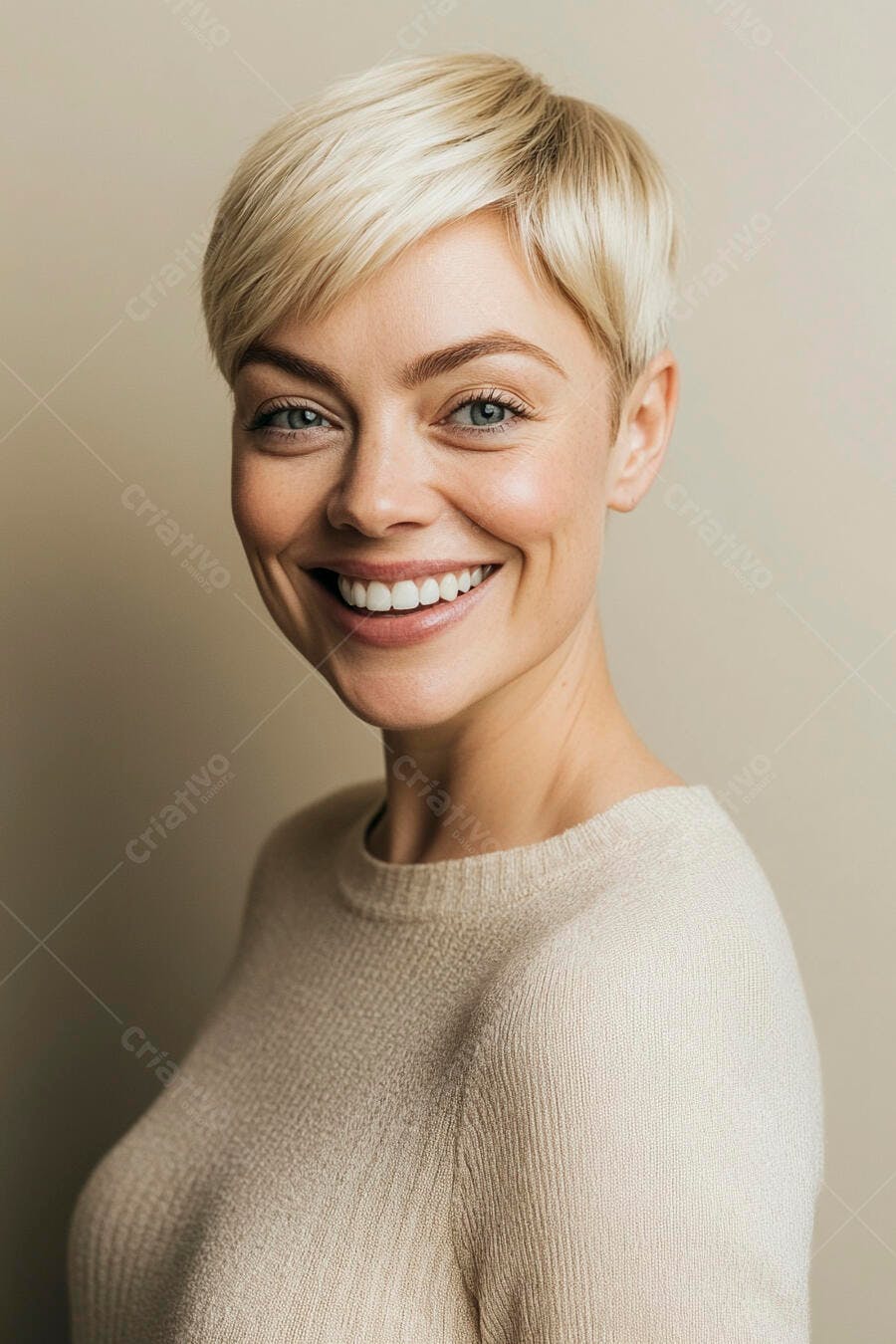 Mulher caucasiana loira de cabelo curto sorrindo feliz com suéter bege